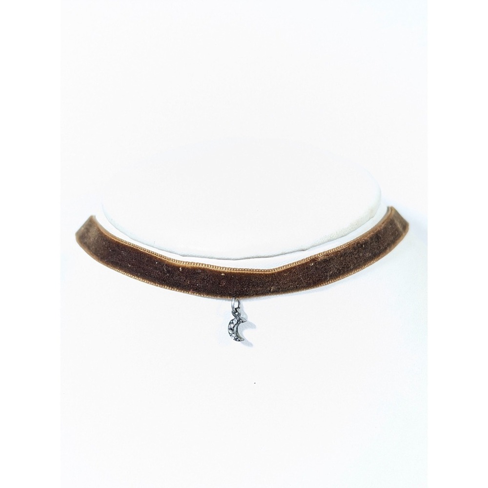 ZARA Brown Velvet Choker Necklace Crescent Moon Charm Necklace 15 in‎